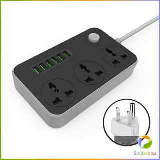 Smileshop ปลั๊กไฟพ่วง สีดำ สามารถใช้เสียบชาร์ USB ชาร์จโทรศัพท์มือถือ ปลั๊กไฟ 3 ช่อง แจ็ค USB 6 ช่อง Power strip