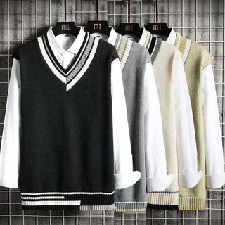 ใหม่ฤดูใบไม้ผลิและฤดูใบไม้ร่วงเสื้อสเวตเตอร์แขนกุดผู้ชายหลวมสไตล์เกาหลีเสื้อยืดคอวีอินเทรนด์