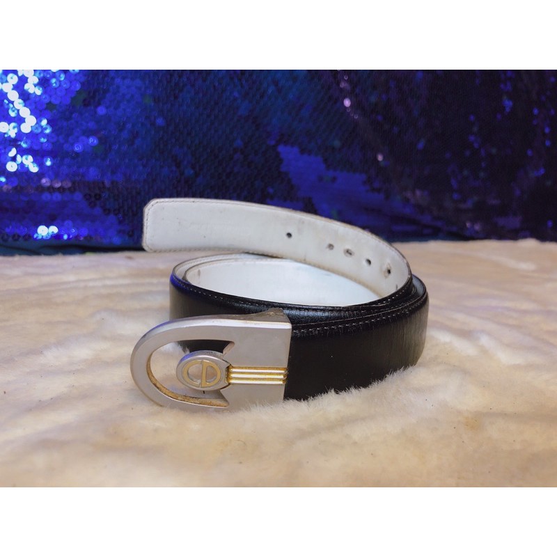 christian-dior-black-leather-belt-vintage-แท้