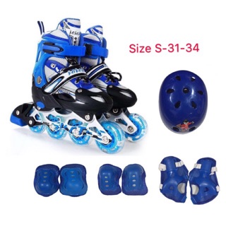 ราคารองเท้าสเก็ต รองเท้าโรลเลอร์สเก็ต Skate  Size S-31-34 สีน้ำเงิน พร้อมชุดป้องกัน 1ชุด PU