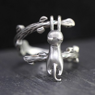 ร้อนสร้างสรรค์ลูกแมวปีนเขาสาขาแหวนแมวน่ารักชุบเงิน 925 เปิดแหวนปรับได้ de2-1596