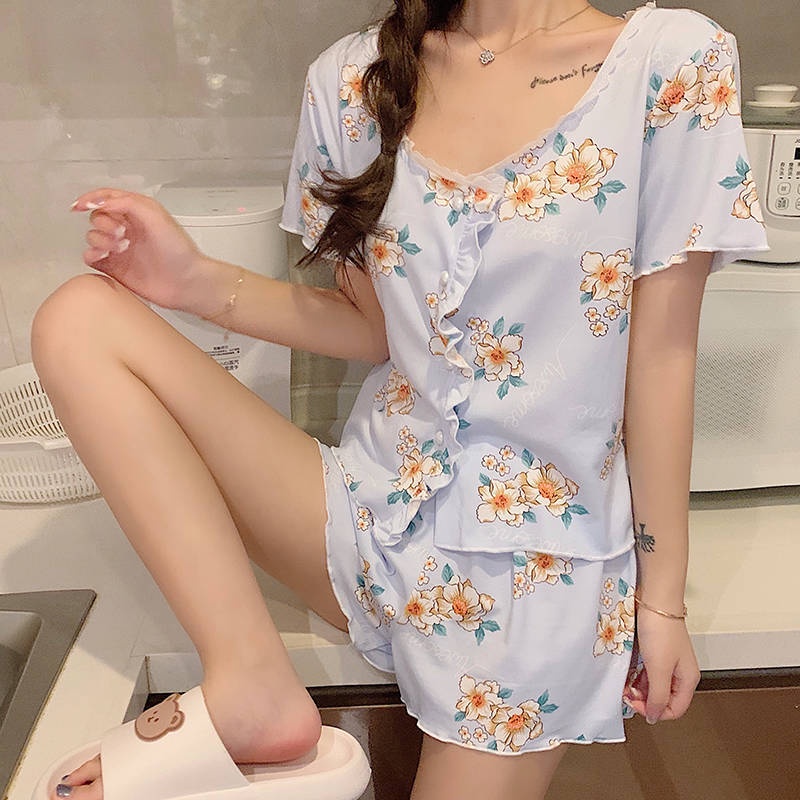 ชุดนอน-floral-ins-ลมหวานและน่ารักสาวแขนสั้นชุดบริการถึงบ้าน