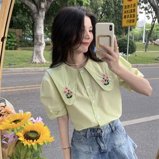 ✢ ♂ 🍒 S-XL ตุ๊กตาสีขาวคอปกปักเสื้อเชิ้ตแขนสั้นฤดูร้อนสไตล์ใหม่ขนาดเล็กสดแขนพัฟสวมใส่นอกสไตล์หลวม shirt