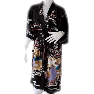เสื้อคลุ่ม สไตล์กิโมโนลาย เกอิชา (ผู้หญิงญี่ปุ่น) ผ้าซาติน เนื้อนุ่ม สวยสด / สีดำ