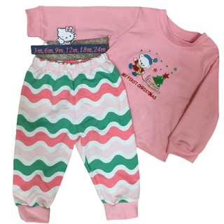 เสื้อผ้าเด็ก เสื้อแขนยาวสีชมพู พร้อมกางเกงขายาวลายฟันปลาไซส์3-6 เดือน