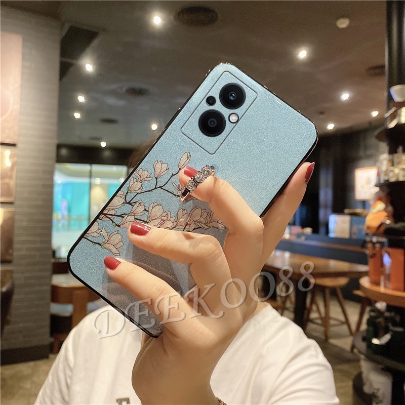 เคสโทรศัพท์-oppo-reno-7-z-a76-a55-a95-a16k-a16-4g-5g-2022-new-handphone-casing-with-finger-ring-holder-blue-flowers-bling-glitter-phone-cell-case-back-cover-เคส-reno7-z-7z-reno7z-oppoa76