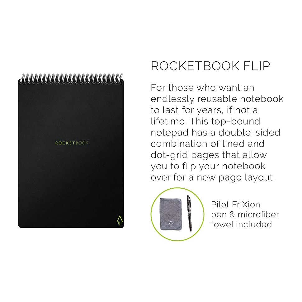 สมุดโน๊ตบุ๊คใช้ซ้ำพร้อมปากกาและผ้าไมโครไฟเบอร์-rocketbook-flip-with-pilot-frixion-pen-amp-microfiber-cloth-usa-imported