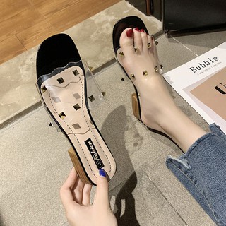 💥Hot Sale 👠 รองเท้าแตะและรองเท้าแตะสตรีสวมใส่ด้านนอก 2019 ฤดูร้อนใหม่เกาหลีรุ่นหมุดป่าคำใสส้นหนารองเท้าชายหาดกันลื่น