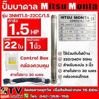 Mitsu Monta ปั๊มบาดาล 1.5 HP 22 ใบพัด ท่อน้ำ 1 นิ้ว ใช้ร่วมกับไฟบ้าน สายไฟยาว 30 เมตร รุ่น3NMT1.5-22CC/1.5