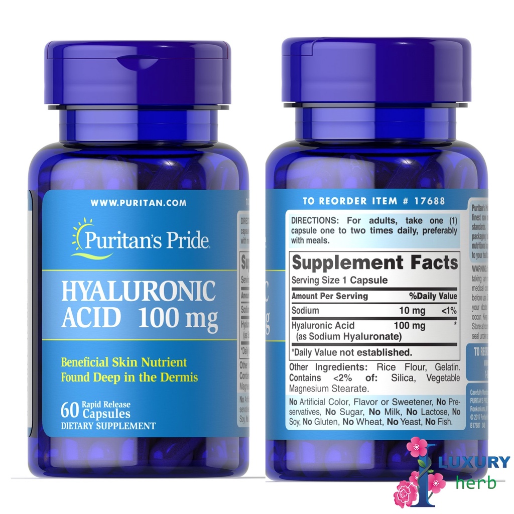 ภาพสินค้าhyaluronic acid 100mg 60/120 capsules puritan's pride จากร้าน iluxuryherb บน Shopee ภาพที่ 2