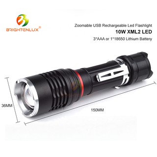 ไฟฉายแบบ CREE สว่างสุด 10Watt 1000Lumen BrightenLux รุ่น BT-FL8002A CREE (18650/3Ax3)
