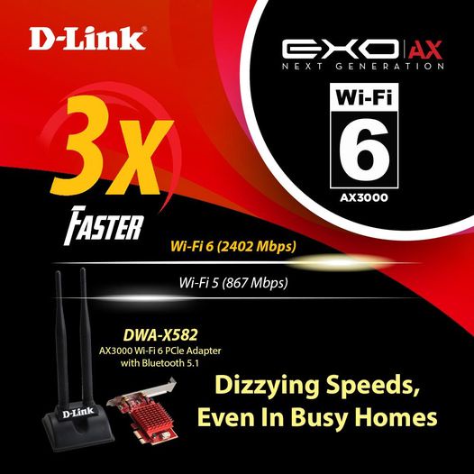 D-Link DWA-X582 AX3000 Wi-Fi 6 PCIe Adapter with Bluetooth 5.0, MU-MIMO, Dual Band, Removable High-Gain Antennas, WPA3, With Low Profile Bracket, Compatible with Windows