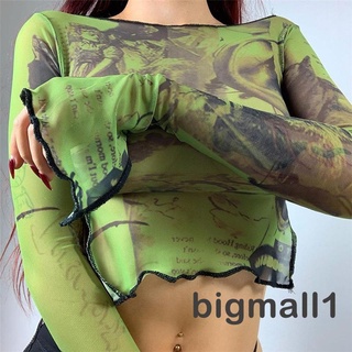 Bigmall- เสื้อยืดแขนยาวผ้าตาข่ายพิมพ์ลายเสื้อลําลองแฟชั่นสตรี