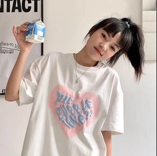 เสื้อยืดแขนสั้น ทรงหลวม พิมพ์ลายหัวใจ ขนาดใหญ่ แฟชั่นฤดูร้อน สไตล์เกาหลี สําหรับผู้หญิง