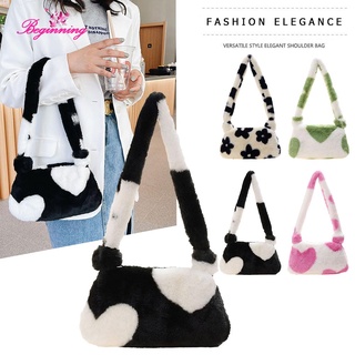 ✿ beginning ✿ Women Flower Love Heart Printing Plush Shoulder Bag Tote Handbags