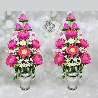ชุดคู่ แจกันดอกบัว ประดิษฐ์ ดอกไม้ไหว้ บูชาพระ ดอกไม้ปลอม ดอกไม้ดินปั้นทำจาก ดินไทย แจกันมุกลายทอง (สูง 17 นิ้ว)