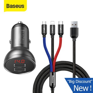 baseus อุปกรณ์ชาร์จดิจิตอลดิสเพลย์แบบ dual usb 4 . 8 a 24 w พร้อมสายเคเบิ้ล usb 1 . 2 เมตรสีดําสําหรับรถยนต์