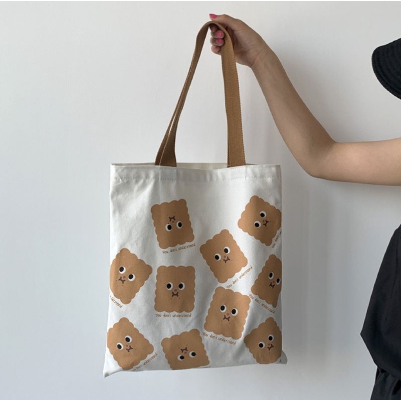 พร้อมส่ง-bearbag-biscuitbag-กระเป๋าผ้าน้องหมี-กระเป๋าผ้าขนม-มีซิปปิดสายสีน้ำตาล