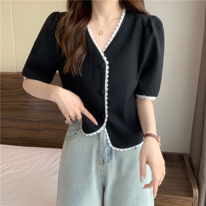 เสื้อเชิ้ตแขนสั้นลําลอง-คอวี-เข้ารูป-สไตล์ฝรั่งเศส-สุดชิค-สําหรับผู้หญิง