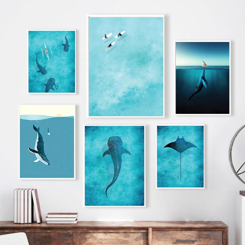 โปสเตอร์ภาพวาดผ้าใบ-รูปปลาวาฬ-ปลาฉลาม-manta-rays-surf-sea-สีฟ้า-สําหรับตกแต่งผนังห้องนั่งเล่น