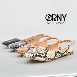 OY155 ORNY(ออร์นี่) ® รองเท้าส้นแบนหัวแหลม รัดส้น สายแบบเกี่ยว หนังลายงู รองเท้าส้นแบน