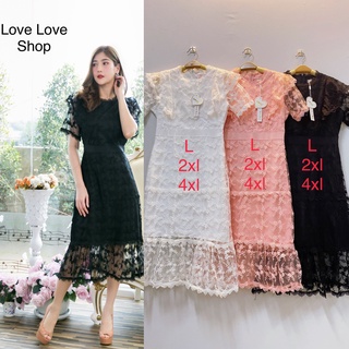 เดรสลูกไม้ดำ!!! L-4XL Dress เดรสดำผ้าปักดอกไม้แขนระบาย งานป้าย Love love