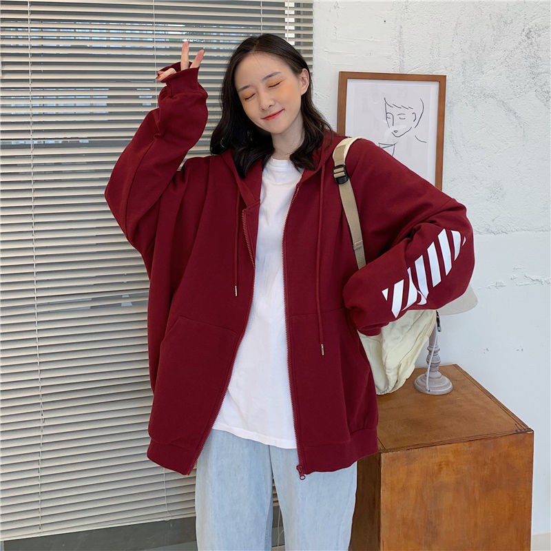 2021how-saleเสื้อคลุมคาร์ดิแกน-เสื้อฮู้ด-แฟชั่นเกาหลี-เสื้อกันหนาวมีฮู้ดสำหรับสุภาพสตรี-ดำ-สีแดง-เสื้อฮู้ดแขนยาวซิปหลวม
