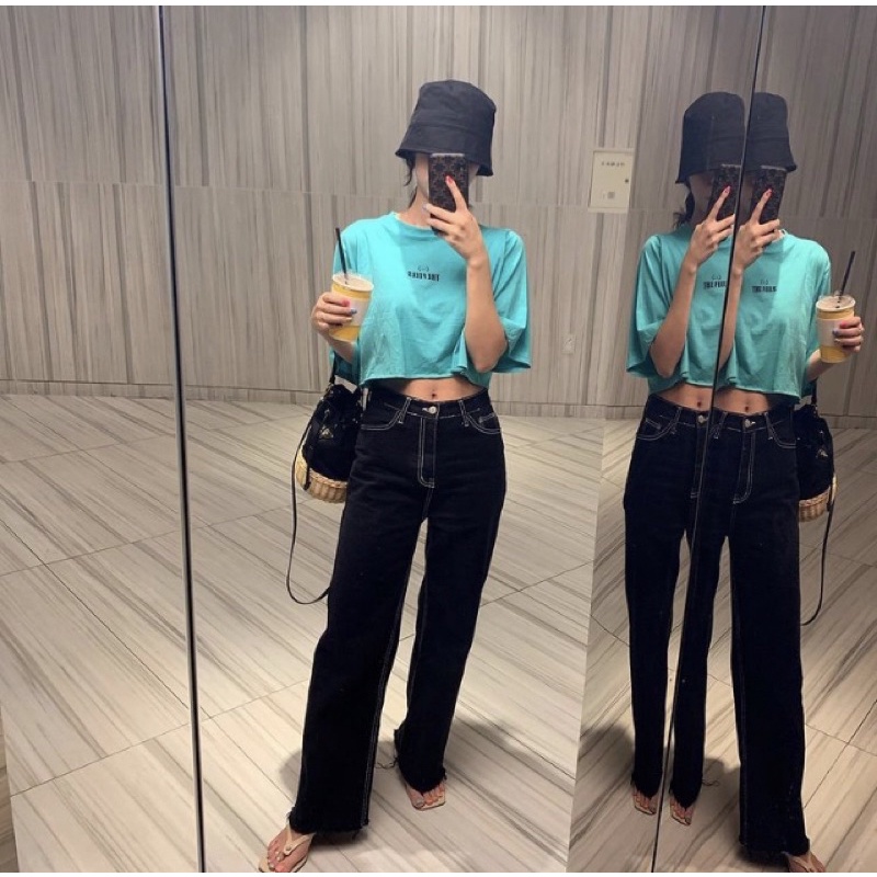 กางเกงขายาว-l-xl-แบรนด์เกาหลี-กางเกงยีนส์-สีดำ-เอวสูง-กางเกงด้ายตัดสี
