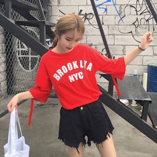 TJเสื้อแฟชั่น คอกลม แขนสั้นแต่งขาดๆ ลาย brooklya สีแดง รหัสสินค้า PA4830 แดง