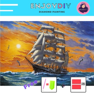 ครอสติสคริสตัล แบบเม็ด ลายสำเภาล่องทะเล 6  ติดเต็ม เม็ดกลม EnjoyDIY พร้อมส่งจากไทย  5d diy diamond painting