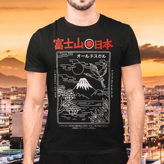 เสื้อยืดผู้ชาย Oldskull  รุ่นผ้าฟอก  -   Mt. Fuji   สีดำ S-5XL
