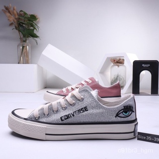 Converse x Chiara Ferragni Joint big eyes sequins stitching low canvas shoes womens shoes 35-39 silver