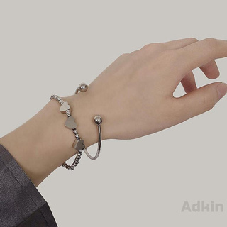 [Adkin] 2 ชิ้น เซ็ตสร้อยข้อมือโลหะรูปหัวใจสำหรับคู่รัก / 1