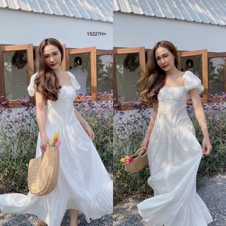 TW15227 แม็กซี่เดรสแขนตุ๊กตาแต่งพลีท ผ้าไหมอิตาลี่ ชายเดรสแต่งระบายรอบ