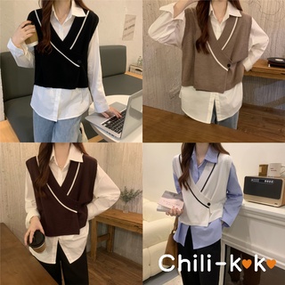 Chili_k❤️k❤️ เสื้อกั๊กไหมพรม แด่งปาดข้าง คอวีสไตล์สาววัยรุ่น U018