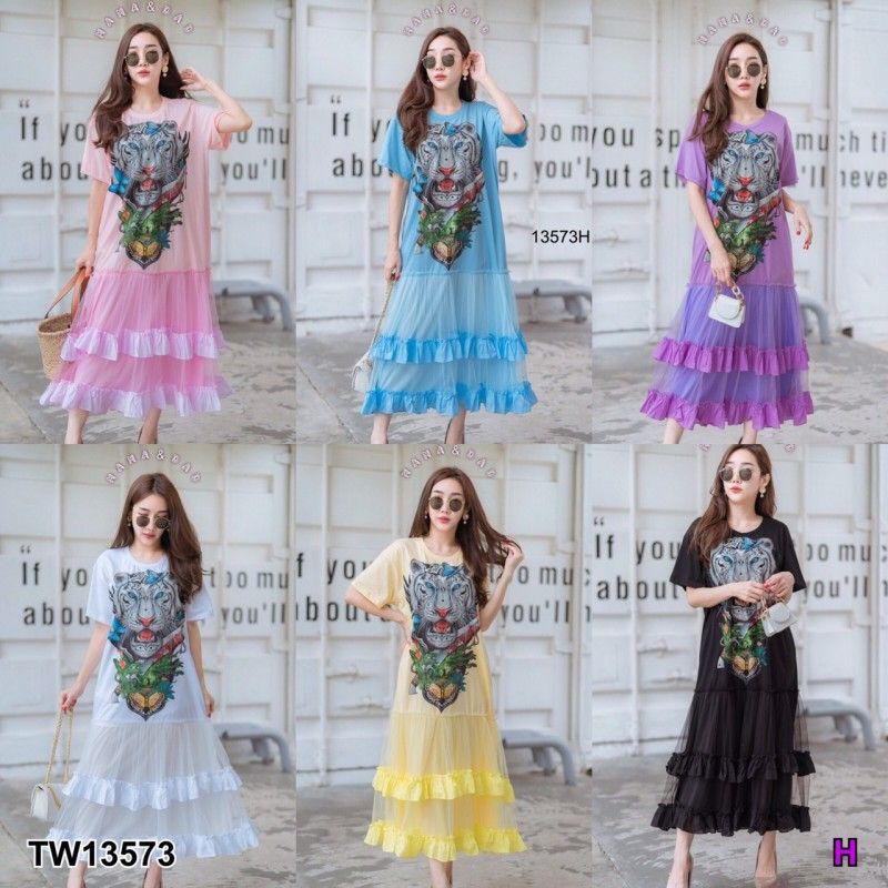 lt-tw13573-gt-maxi-dress-เดรสยาว-คอกลม-แขนสั้น-ช่วงบนเนื้อผ้าคอตตอน-สกรีนลายหน้าเสือสกรีน-3d-เรืองแสง-กระโปรงใส่ซับ