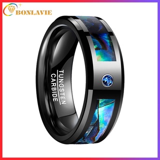 【แกะสลักฟรี】BONLAVIE แหวนทังสเตน 8 มม. ฝังเพทาย สีฟ้า ขอบเอียง 100% สําหรับผู้ชาย ไซซ์ 7-12