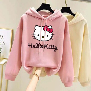 **ผ้าสำลี ผ้าหนา**  HOU-185 แฟชั่นเกาหลี hello kittyนการ์ตูนหลวมแขนยาวเสื้อกันหนาวมีฮูดเสื้อผู้หญิงและผู้ชายน่ารักสุดๆ