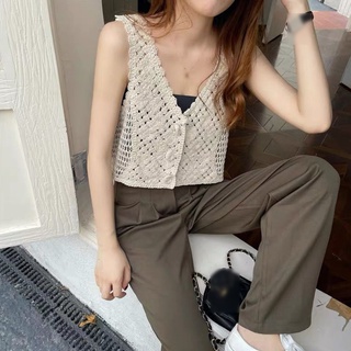เสื้อครอปแขนกุด ผ้าถัก แต่งรูกลวง แฟชั่นฤดูร้อน สไตล์ฝรั่งเศสเรโทร