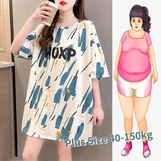 【Plus Size】เสื้อยืดแขนสั้น ทรงหลวม พิมพ์ลาย สไตล์เกาหลี โอเวอร์ไซซ์ 150 กก. แฟชั่นฤดูร้อน สําหรับผู้หญิง