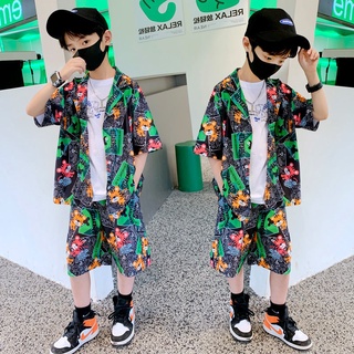 ✨Coco✨ชุดเสื้อเด็กชุดฤดูร้อนสำหรับเด็กผู้ชายปี2022ชุดสองชิ้นสำหรับเด็กวัยกลางและใหญ่ระบายอากาศได้แบบบางเสื้อผ้าเด็กอินเท