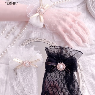 Erhk ถุงมือลูกไม้ ลายดอกไม้ โบว์ โลลิต้า ฤดูร้อน สีดํา สีขาว สําหรับเด็กผู้หญิง