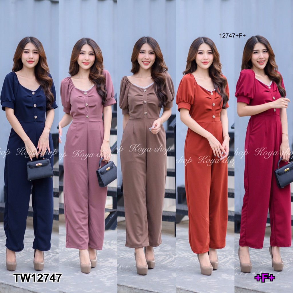 ak-12747-jumpsuit-จั้มขายาวอกไคว้แขนย่นไหลแขนตุ๊กตา