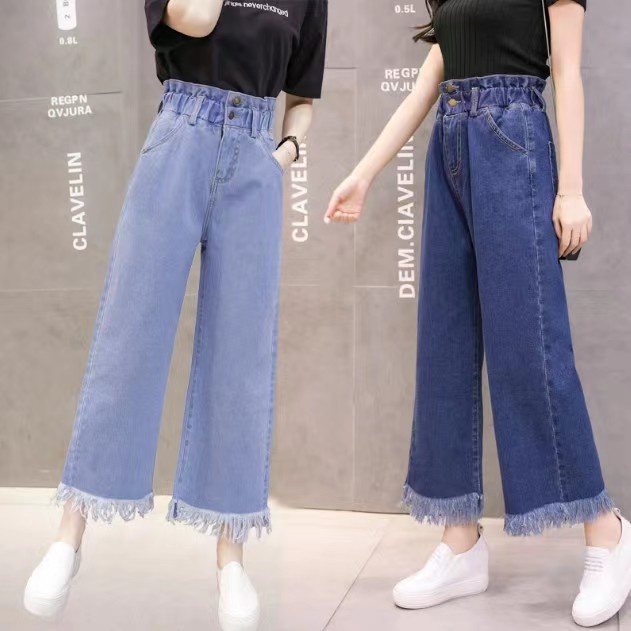 รูปภาพของMKL กางเกง​ยีนส์ เสื้อผ้าแฟชั่นผู้หญิง สไตล์เกาหลีกางเกงขากว้าง กางเกงยีนส์เอวสม๊อค 8213ลองเช็คราคา