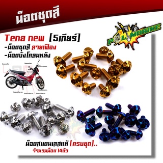 สินค้า น็อตชุดสี TENA NEW 5เกียร์ (1ชุด14ตัว) เลสแท้100% น็อตหัวเฟือง ครบชุดรวม น็อตบังโคลน น็อตเฟรมเทน่า น็อตชุดสีเทน่า