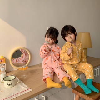 สินค้า ฤดูใบไม้ผลิ 2021 ชุดนอนเด็กการ์ตูนชุดบริการบ้านชายและหญิงสไตล์เกาหลีหลวมน่ารักสองชุดเด็กน้ำ