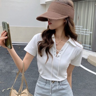 พร้อมส่ง เสื้อยืดแขนสั้น เข้ารูป แต่งลูกไม้ สไตล์เกาหลี สําหรับผู้หญิง