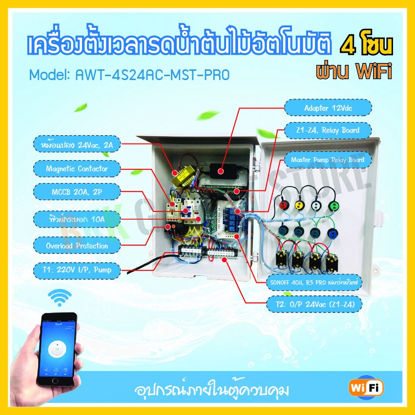 เครื่องตั้งเวลารดน้ำต้นไม้-4-zones-สำหรับปั้มน้ำ-หอยโข่ง-ขนาดไม่เกิน-1-แรงม้า-โซลินอยด์วาล์ว-24vac