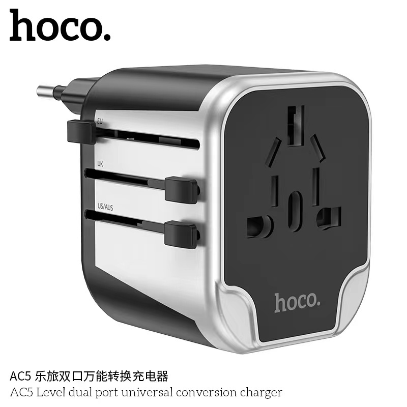 hoco-2022-ac5-travel-charger-ชุดหัวชาร์จปลั๊กแปลงแรงดันไฟฟ้าทั่วโลก-universal-converter-charger-2-usb