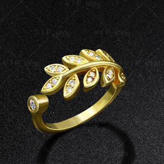 แหวนผู้หญิง แหวนใบมะกอกขนาดฟรีไซส์​ นำโชค เสริมดวงความรัก ฝังเพชร #R 460